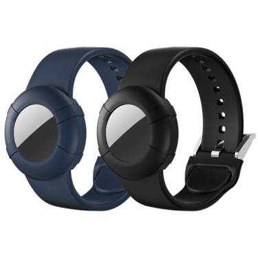 Imagem de Pacote com 2 pulseiras AirTag para adultos/crianças, de silicone macio, para adultos, suporte antiperda, compatível com Apple Air Tag (P, preto + azul noturno)