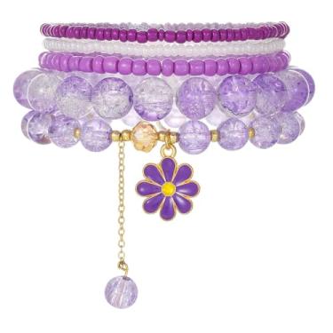 Imagem de SCRDPRAD Pulseira feminina feita à mão com contas de cristal de margaridas coloridas empilháveis com contas de sementes de flores, pulseiras elásticas, joias boho, presentes de aniversário e férias,