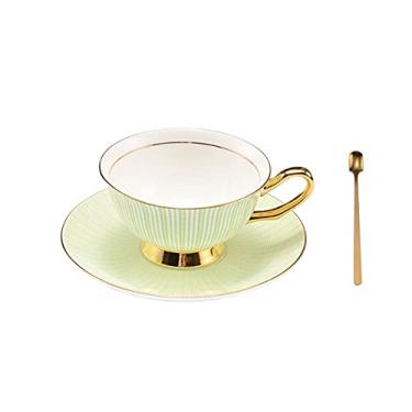 Imagem de Pfedxoon Conjunto de xícara de chá Bone China com colher de pires - Conjunto de 3 peças (200 ml) - Xícaras de Cappuccino e Latte - Presente de Dia das Mães