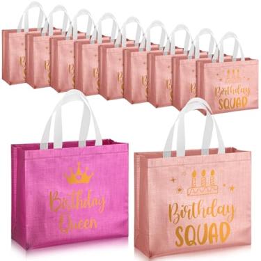 Imagem de Clysee Pacote com 10 sacos reutilizáveis de aniversário rainha de aniversário com alça grande bolsa de aniversário para mulheres (rosa, fúcsia)
