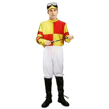 Imagem de NIHONCOS 5 Pieces Men Horse Jockey Costume Halloween Cosplay Outfit Sports Cycling Suit Coat Pants Goggles Hat Boot Covers (Small, Red & Yellow)