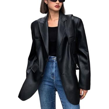Imagem de Vintage preto couro solto blazer motociclista casaco feminino casual manga longa aba bolso terno jaqueta oversized streetwear, preto, l