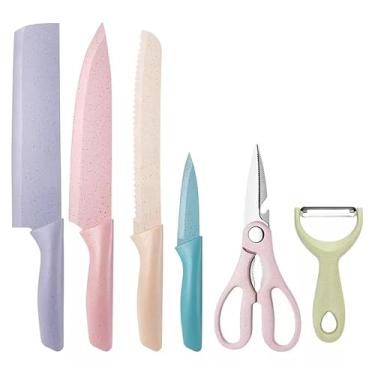 Imagem de Conjunto Jogo de Facas Coloridas 6 Peças Inox Kit Culinário Faqueiro Cozinha Churrasco Descascador Tesoura Multifuncional Gourmet Premium