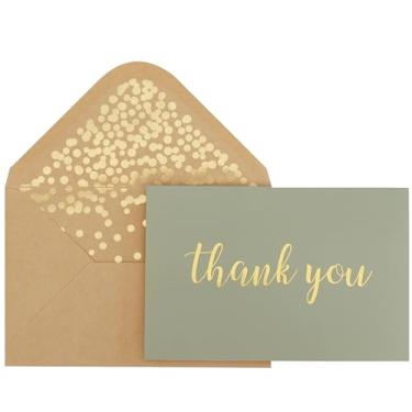 Imagem de Cartões de agradecimento - Pacote com 50 cartões de acabamento fosco sálvia em branco com folha dourada "Thank You" impresso com 52 envelopes kraft com design de confete 10 x 15 cm - para chá de