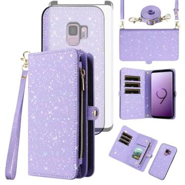 Imagem de Asuwish Capa de celular para Samsung Galaxy S9 carteira com zíper magnética destacável com protetor de tela de vidro temperado e suporte de cartão com glitter, acessórios para celular S 9 Edge 9S GS9