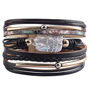 Imagem de AZORA Pulseira feminina de couro barroco pérola envolvente pulseiras lindas pulseiras de ouro feitas à mão, joias boêmias, presente para mulheres, 7.7 inches, Couro