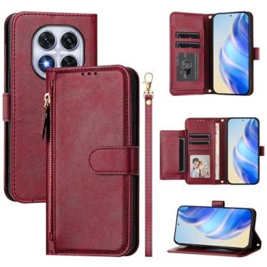 Imagem de Kukoufey Capa para celular compatível com Xiaomi Poco X7 5G, compatível com Xiaomi Redmi Note 14 Pro 5G, compatível com Xiaomi Redmi Note 14 Pro+ 5G Flip PU couro zíper carteira capa vermelha