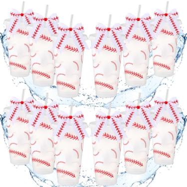 Imagem de Skylety 12 conjuntos de copos esportivos de plástico com tampa e laço de palha decorado 680 g copos de plástico reutilizáveis com tema de bola presentes esportivos para fã amigo bola de aniversário