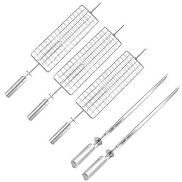 Imagem de 3 Espetos Grelha Para Peixes + 2 Espetos Espada Picanha Inox - Brasa G