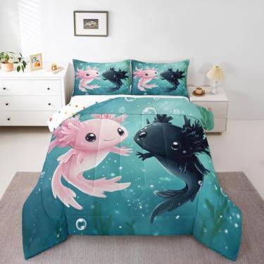 Imagem de Erosebridal Jogo de cama com estampa de axolote rosa e preto para meninas, meninos, desenho animado, salamandra, solteiro, mundo subaquático, vida selvagem, 1 fronha
