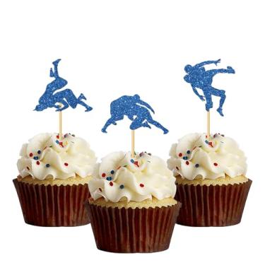 Imagem de MonMon & Craft Wrestling Cupcake Toppers/Boys Man Wrestler Birthday Cupcake Toppers/Sport Wrestling/Wrestling Club Birthday Party Decorations/Blue Glitter - 24 Pcs