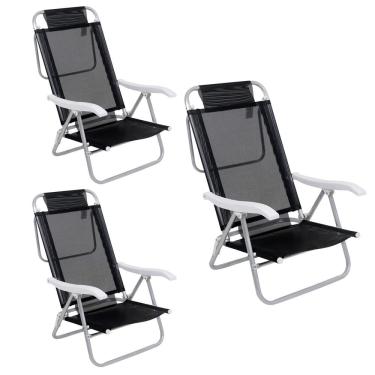 Imagem de Kit 3 Cadeira Reclinável Sunny 6 Posições Em Alumíno Para Praia Piscina Camping Preta - 063007 Belfix