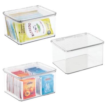 Imagem de Caixa de armazenamento empilhável de plástico iDesign com tampa articulada ou para cozinha – Conjunto de 3 – Transparente