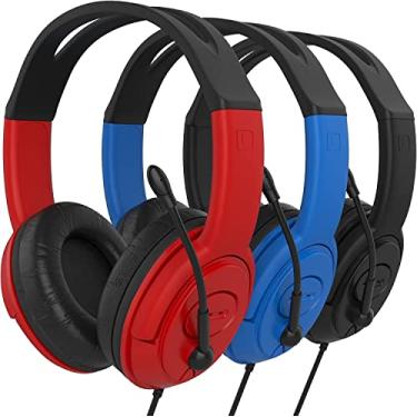 Imagem de Fones de ouvido infantis com microfone Boom – Pacote com 3 fones de ouvido com fio com faixa de cabeça ajustável, som estéreo, cabo sem emaranhamento e conector de 3,5 mm – Ideal para escola, casa e