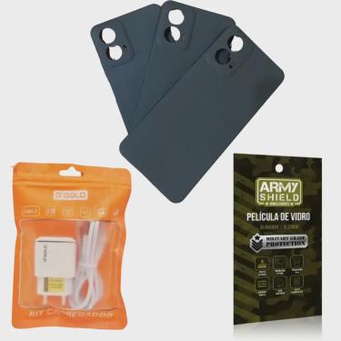 Imagem de Kit Capinha AntiShock Preto p/ Moto G24 + Carregador Turbo + Pelicula 3D - ArmyShield