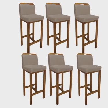 Imagem de Kit 06 Banqueta Alta Com Encosto Zion Cozinha Balcão Bistrô Base Madeira Castanho Tecido Sintético Bege - Ahz Móveis