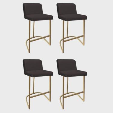 Imagem de Kit 04 Banquetas Com Encosto Noah Luxo Confort Bistrô Cozinha Ferro Dourado Sintético Marrom - Ahz Móveis