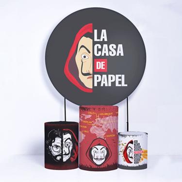 Imagem de Kit Painel de Festa Redondo e Trio de Cilindros La Casa de Papel - Fera Print