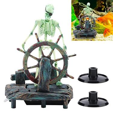 Imagem de Pssopp Ornamento de Aquário Pirata - Decoração de Peixe com Capitão Pirata Esqueleto na Roda - Verde - Plástico + Resina - Moderno - Montagem no Chão