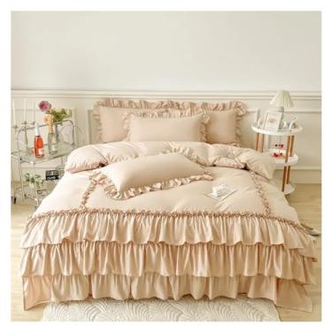 Imagem de Capa de edredom com babados, 3 peças, conjunto de cama decorativo, saia para cama de fazenda, fronhas, fecho de zíper, laços de canto fáceis de cuidar (marrom, tamanho king, 4 peças)