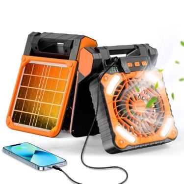Imagem de Ventilador de acampamento solar de 5200 mAh, ventilador portátil alimentado por energia solar, acampamento com luz LED, 4 velocidades, temporizador 3H e ventiladores silenciosos de barraca