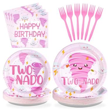 Imagem de Grencian Conjunto de utensílios de mesa com dois artigos de festa Nado Tornado rosa, pratos e guardanapos de 2 anos, duas decorações de festa Nado, lembrancinhas para meninas, chá de bebê, artigos de