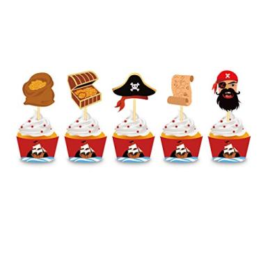 Imagem de 40 conjuntos de wappers de cupcake pirata e toppers de cupcake, suporte de copo de decoração de cupcake pirata, adequado para decorações de festa de aniversário
