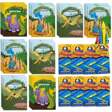 Imagem de Minilivros para colorir em volume de dinossauro (pacote com 24) com 8 giz de cera de cor premium, livros de colorir e giz de cera, para festa de aniversário, dinossauro com tema de bobeira