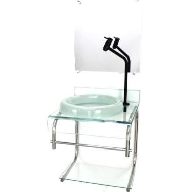 Imagem de Gabinete de vidro 40cm para banheiro curvado duplo inox cuba chapéu in