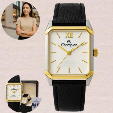 Imagem de Relógio Champion Quadrado Feminino Elegante Analógico Resistente água 3ATM Social Fashion Prateado e Dourado Pulseira de Couro CH24106S