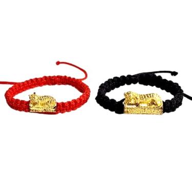 Imagem de poppip Pulseiras tailandesas feitas à mão com amuleto mágico de tigre banhado a ouro em latão – Conjunto de corda ajustável vermelho e preto Descrição: