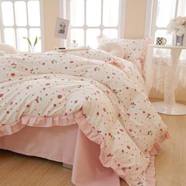 Imagem de HighBuy Conjunto de edredom King de morango, rosa e branco, com babados, 2 fronhas, listrado, reversível, leve e aconchegante para universitárias