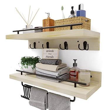Imagem de Prateleiras flutuantes de pinho com ganchos, prateleiras flutuantes de banheiro de fazenda de madeira natural sobre vaso sanitário, conjunto de 2 prateleiras de parede de madeira com barra de toalha