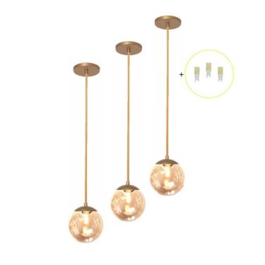 Imagem de Kit 3 Pendente Dourado Mesa Bancada Balcão Aparador + Led Vi