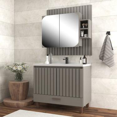 Imagem de Gabinete para Banheiro com Espelheira Ripado Cimento