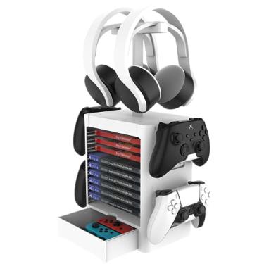 Imagem de EJGAME Suporte multifuncional de torre de armazenamento de disco de jogo, suporte de controle/fone de ouvido compatível com Xbox Series X/Nintendo Switch/PS5/PS4-Branco
