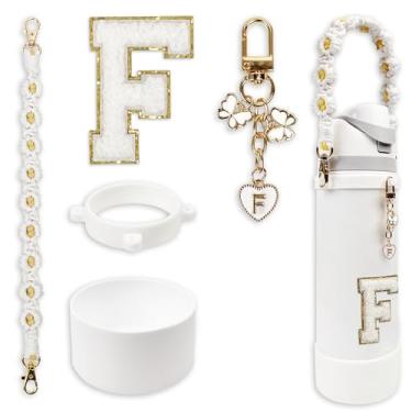 Imagem de Conjunto de monograma fofo de bota de silicone compatível com garrafa de água Owala 680 g - Acessórios perfeitos para Owala Tumbler, Owala Free Sip, Pink Owala, Black Owala, copo de café owala (branco