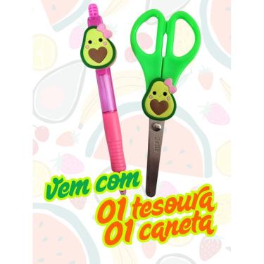 Imagem de Kit Frutas tesoura sem ponta e caneta esferográfica azul abacate melancia cereja fofos enfermagem enfermeira frutinhas