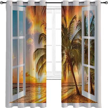 Imagem de Cortina isolada de sombreamento de praia, palmeira do mar, oceano, palmeira, pôr do sol, casa, janelas de madeira, imagens artísticas, tratamento de sombreamento, cortina de isolamento de cozinha, 106