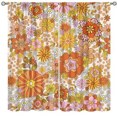 Imagem de SXXLDNG Retro 70s Flower Hippie Groovy Orange Flower Power Boho Print Cortinas para janela de quarto de casa - decoração de 106 x 113 cm