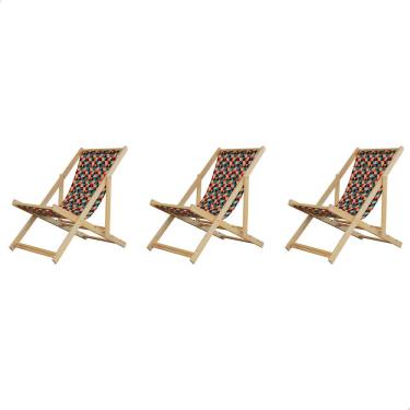 Imagem de Kit 3 Espreguiçadeiras Preguiçosa Dobrável sem Braço Natural em Madeira Maciça Tecido