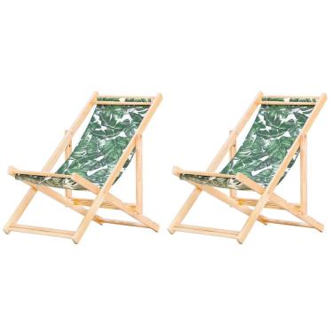 Imagem de Kit 2 Espreguiçadeiras Preguiçosa Dobrável sem Braço Madeira Maciça com Tecido Colorido