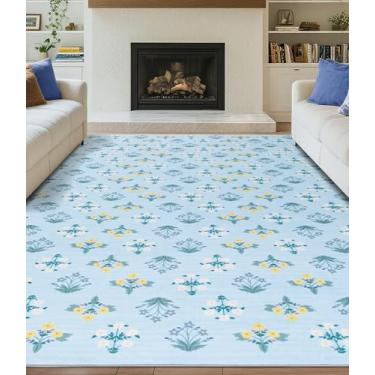Imagem de YIHOUSE Tapete de área lavável floral azul 2,5 x 25,4 m - Tapete grande colorido para sala de estar, tapete ultrafino antiderrapante para quarto, berçário, quarto das crianças (azul, 2,4 x 3 m)