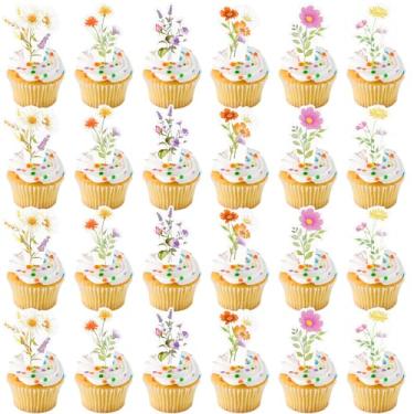 Imagem de Loghohu 48 peças de decoração de cupcake de festa de flores silvestres, flores de bebê em flor, enfeites de cupcake flores silvestres para chá de bebê para mulheres, meninas, festa de aniversário