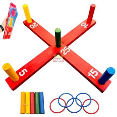 Imagem de Jogo de Argolas Cruz com Pinos em Madeira Gincana Brinquedo Educativo Festa Junina 5 Pinos e 5 Argolas com 01 Base vermelha em formato de cruz (madeira) Peagógio Divertido