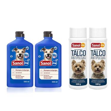 Imagem de Kit Tratamento Anti Pulga para Cachorro: 2 Shampoos Anti pulgas  e 2 Talcos Anti pulgas para o animal e Ambiente Sanol