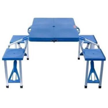 Imagem de Mesa Camping Praia Com 4 Cadeiras Dobravel Vira Maleta Portatil Mesinha Estudo Crianças Com Banquinhos