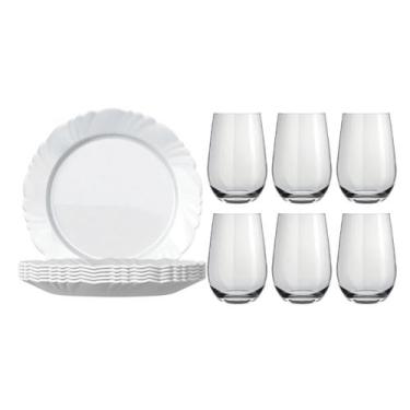 Imagem de Kit 6 Pratos Rasos Pétala Opaline com 6 Copos Dubai 480ml - Nadir Figu