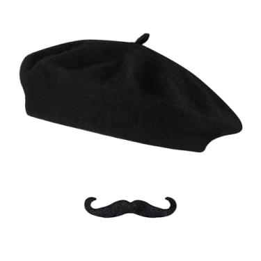 Imagem de choyaxo Conjunto de 2 chapéus de boina francesa, incluindo bigode de boina para homens, festa temática francesa de Halloween, Preto, tamanho �nico