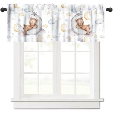 Imagem de JanJCurt Saia de janela de urso de desenho animado, lindo ursinho de pelúcia dorme aquarela lua estrelas impressão blackout cortina de janela curta para cozinha, quarto de bebê, berçário, sala de